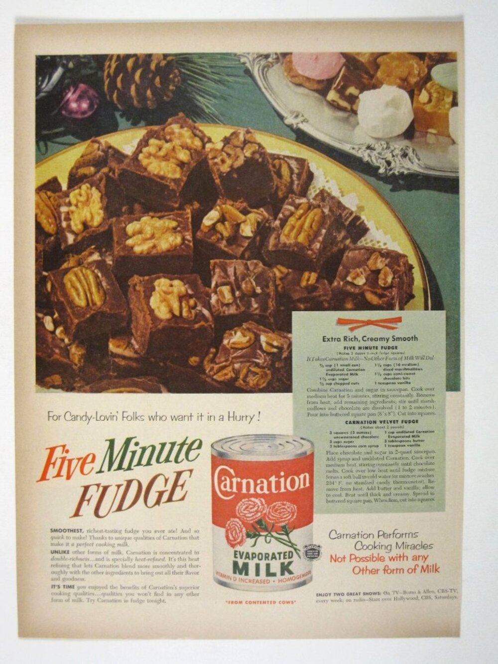 ADVERT Carnation Evaporated Milk Five Minute Fudge Recipe Ad Walnut Kitchen 1952